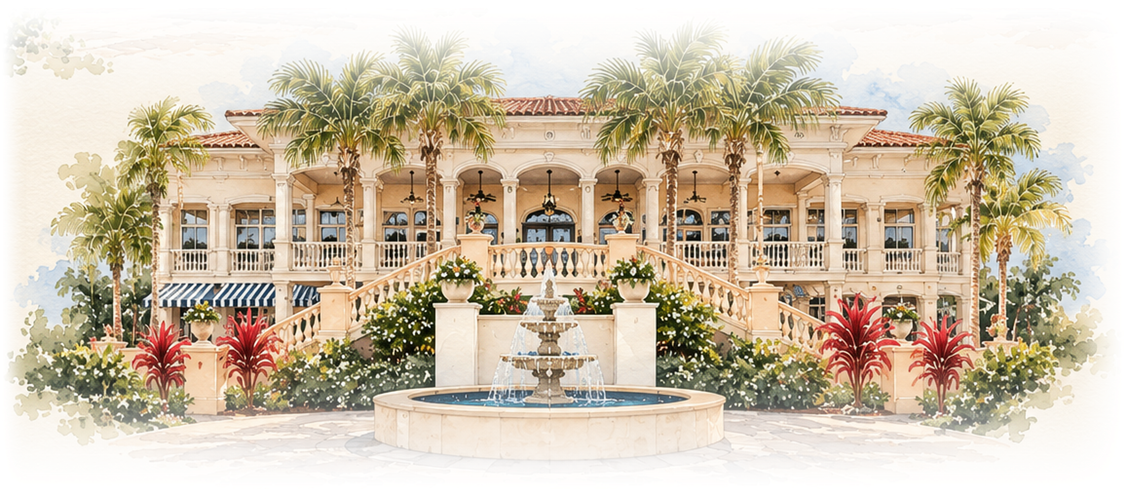 Watercolor sketch of The Club at The Strand, its fountain and double staircase framed by palms